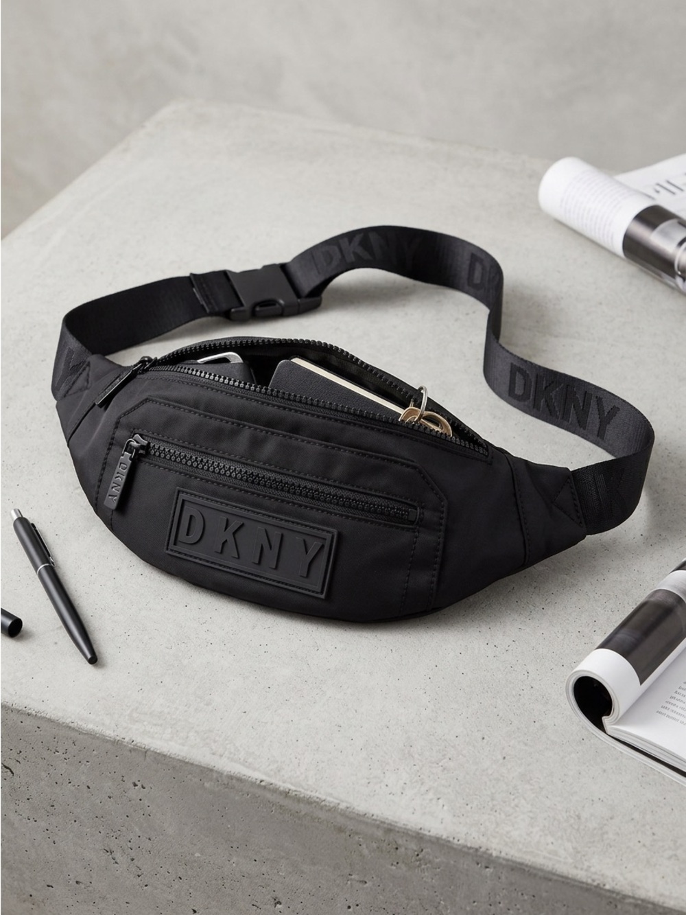 DKNY Black Nylon Belt Bag Fanny Pack - Adjustable Waist Sling Bag - Rubber Logo